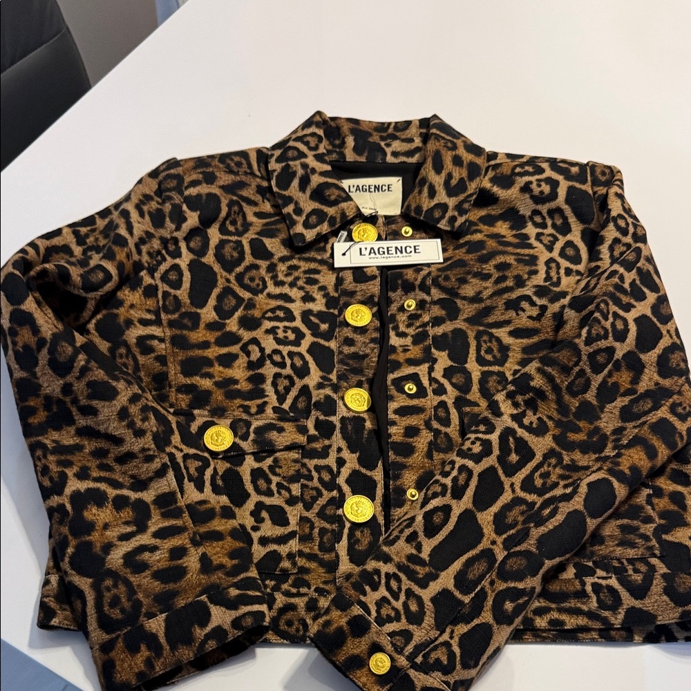 L'AGENCE Leopard-Print Blazer in Brown and Black with Gold Buttons